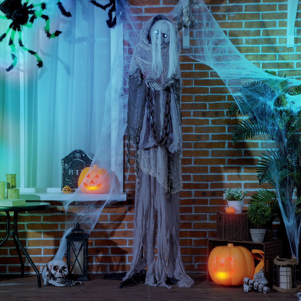 6ft Life Size Halloween Decoration, Witch Skeleton, Animated Prop with Light-Up Eyes and Scary Sound
