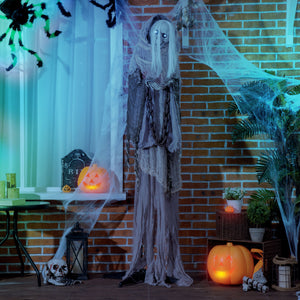 6ft Life Size Halloween Decoration, Witch Skeleton, Animated Prop with Light-Up Eyes and Scary Sound