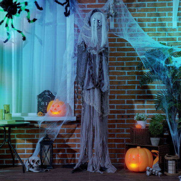 6ft Life Size Halloween Decoration, Witch Skeleton, Animated Prop with Light-Up Eyes and Scary Sound