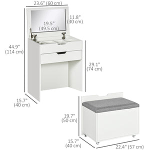 Dressing table set with folding mirror, stool and 7 compartments, white 