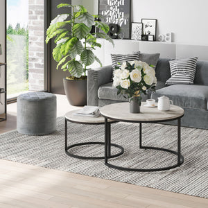 Set of 2 modern coffee tables with metal base for living room, cement gray