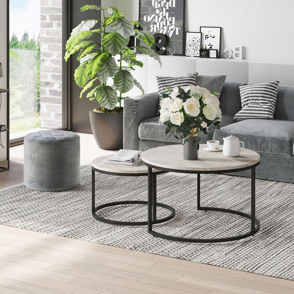 Set of 2 modern coffee tables with metal base for living room, cement gray