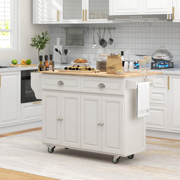 Cream-white mobile kitchen island with fold-down solid wood countertop and storage