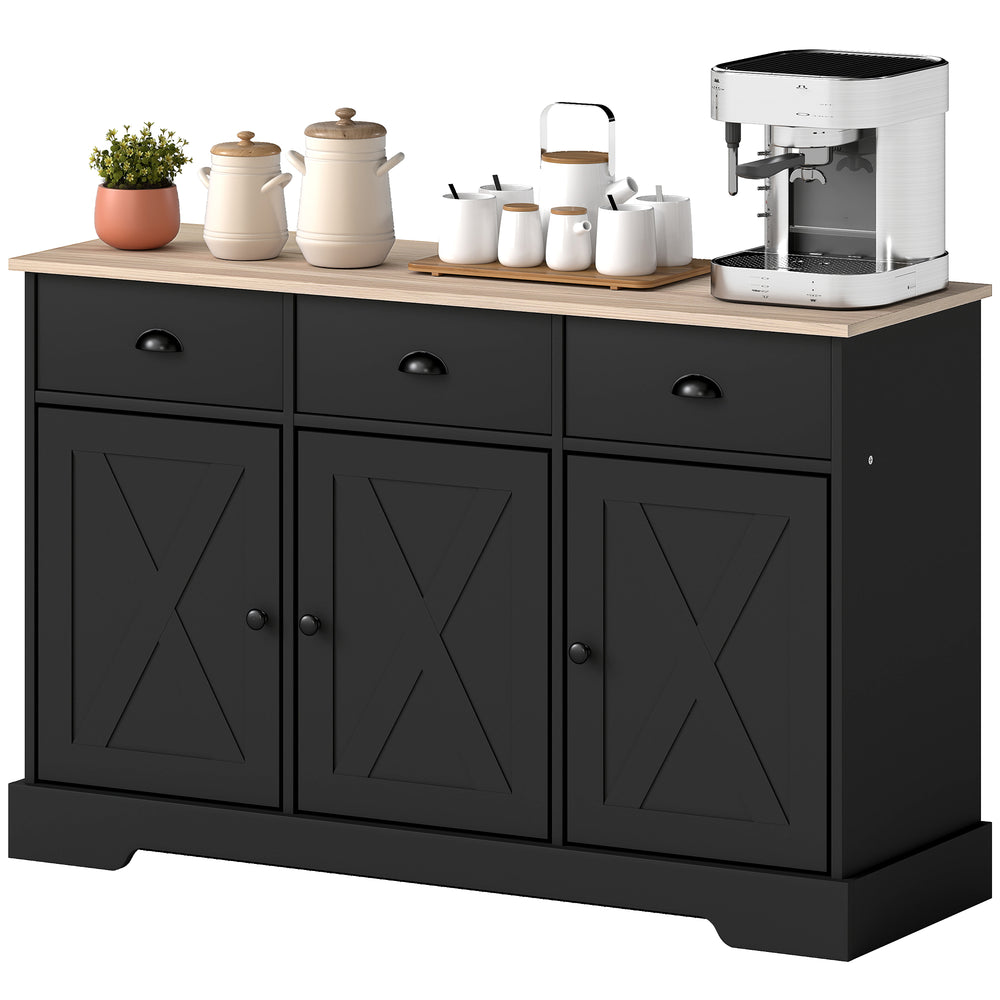 Farmhouse style sideboard, with 3 sliding doors and 3 drawers, for living room or kitchen, black.