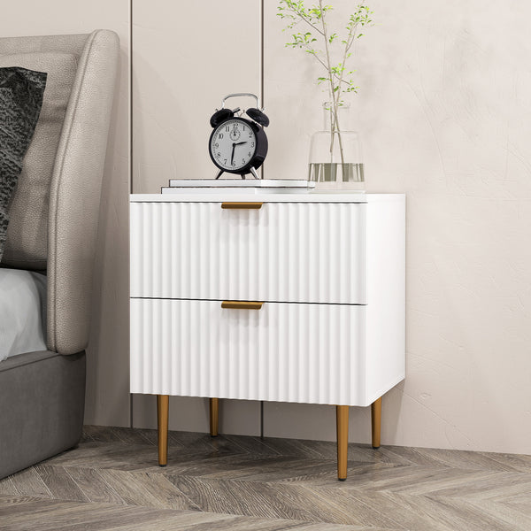 Modern bedside table with 2 drawers and metal legs, white