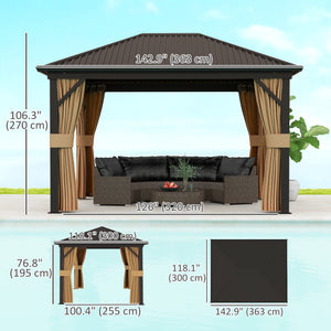 10' x 12' Gazebo with Hardtop Metal Roof and Aluminum Frame, Mesh Netting, Brown