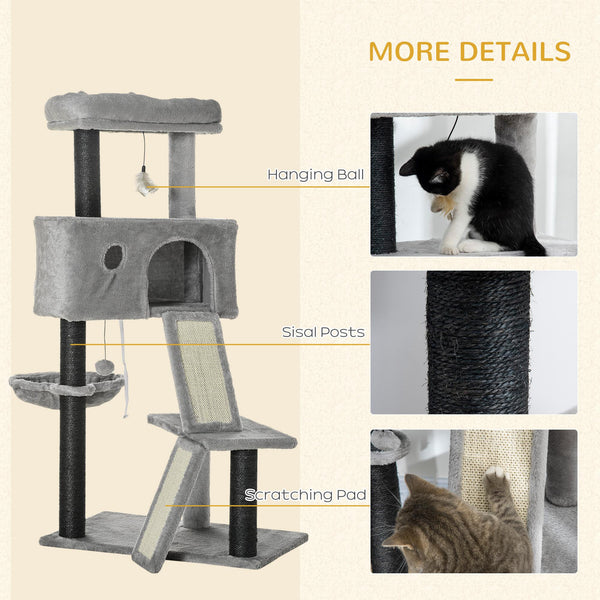 47" Cat Tree with Ramp, Hammock, Hanging Toys, Sisal Rope Scratching Post, Light Grey
