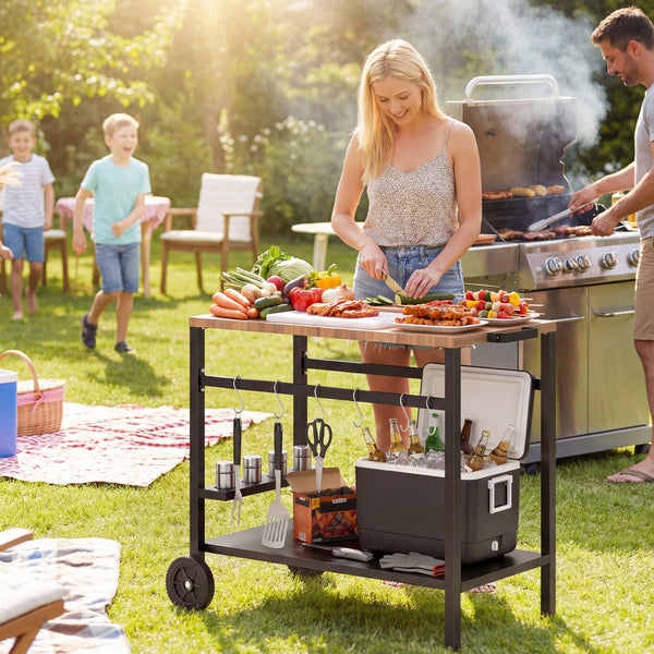 2-Tier Outdoor BBQ Cart, Grill Stand with Drink Holder, Hooks, and Wheels, Black and Brown