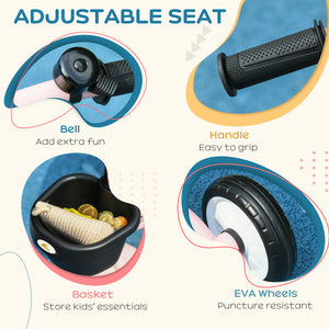 Tricycle with adjustable seat, basket, bell, pink