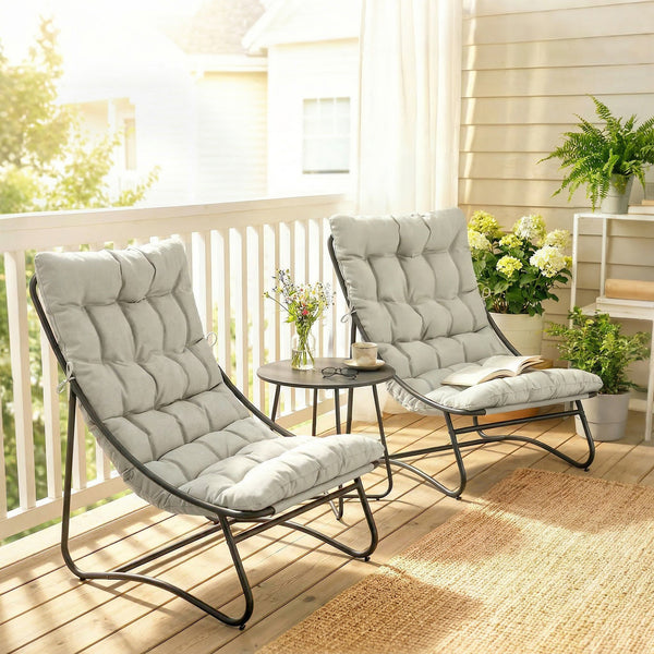 3-Piece Outdoor Bistro Set, Round Table and Chairs for 2 with Seat and Cushions, Light Grey