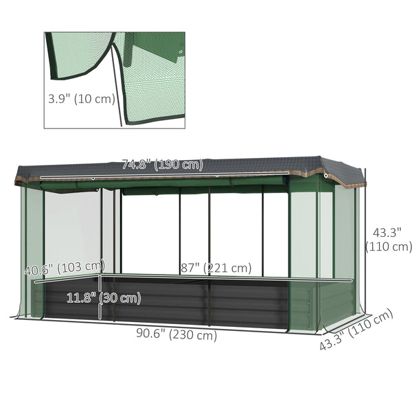 Raised galvanized steel planter with growing cage and shade cloth