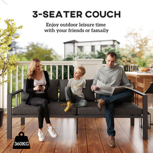 3-seater aluminum outdoor sofa with cushions, wide seat and armrests, dark gray