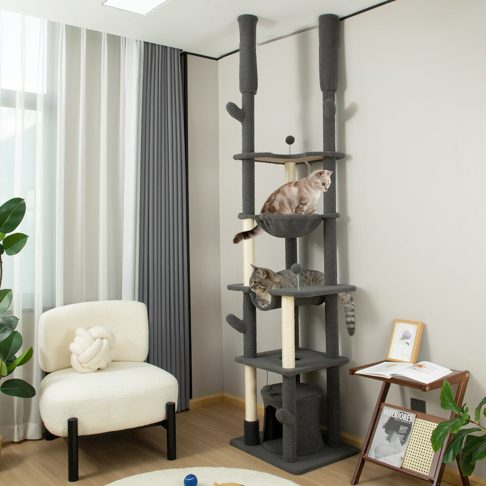 Cat tree 226-254 cm, ceiling height with scratching posts, grooming brush and niche, gray