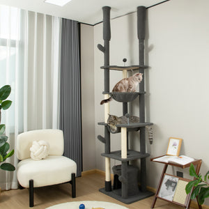 Cat tree 226-254 cm, ceiling height with scratching posts, grooming brush and niche, gray