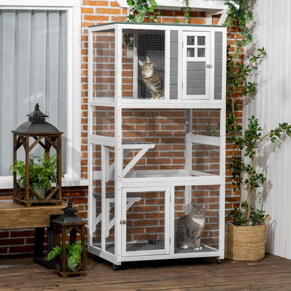 Wooden cat enclosure, weather-resistant and equipped with wheels, white