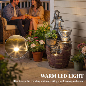 4-Tier Outdoor Fountain with Planter, Waterfall and LED Lighting, Rustic Brown and Grey.