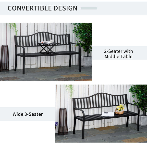 Metal outdoor bench with central lifting table for 2 to 3 people, black