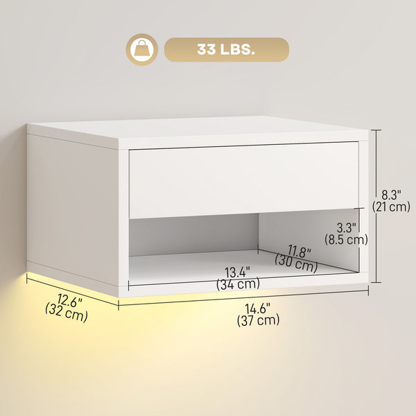 Set of 2 floating bedside tables with RGB LED lighting and storage, white