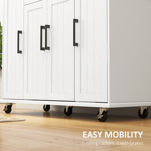 Modern Rolling Kitchen Island with Drawers, Natural Wood Top, Towel Rack and Storage Cabinet, White