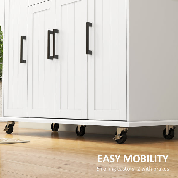 Modern Rolling Kitchen Island with Drawers, Natural Wood Top, Towel Rack and Storage Cabinet, White