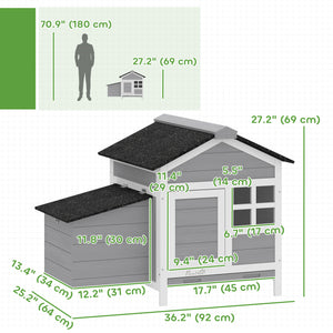 Wooden chicken coop with nesting box and removable metal tray