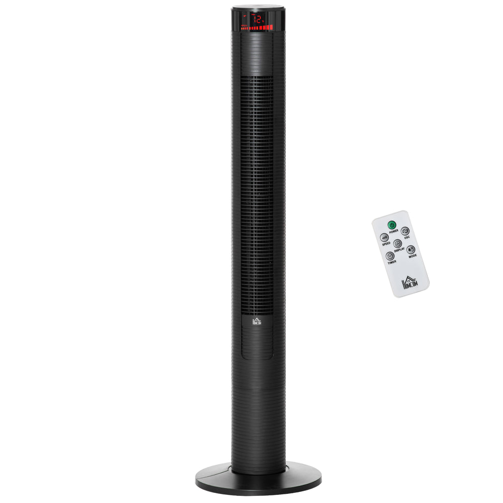 Ventilateur tour noir avec panneau LED, télécommande, 3 vitesses, fonction oscillante et minuterie de 12 heures pour un refroidissement contrôlé