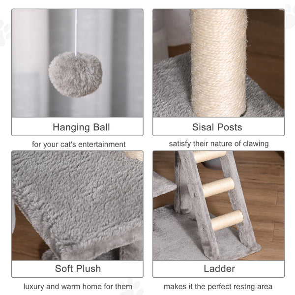 119 cm high cat tree with niche, ladder, scratching posts and hanging ball, light grey