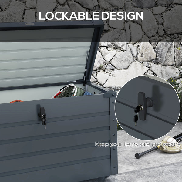 Waterproof garden storage box with wheels and handles, dark grey