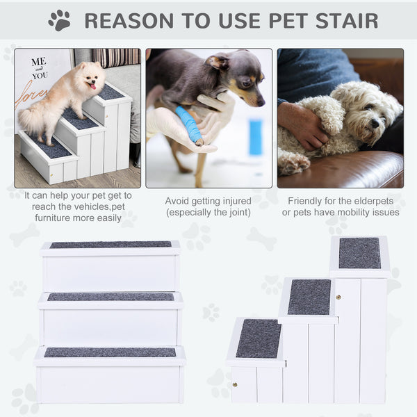 Pet Steps 3-Step Dog Stairs for Small Dogs Cats and Wooden Ramp with Storage Box Carpet Tread, White