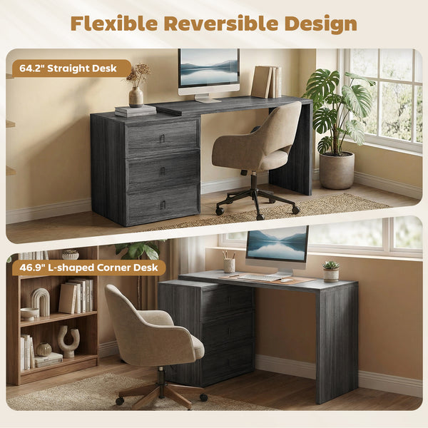 Convertible L-shaped or straight computer desk with 3 drawers and large workspace – Dark gray