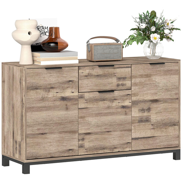 Industrial Sideboard with 3 47" Doors, Drawer and 2 Adjustable Shelves for Living Room, Brown Wood Grain