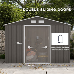 Ventilated galvanized steel garden shed with double door and foundation kit, grey