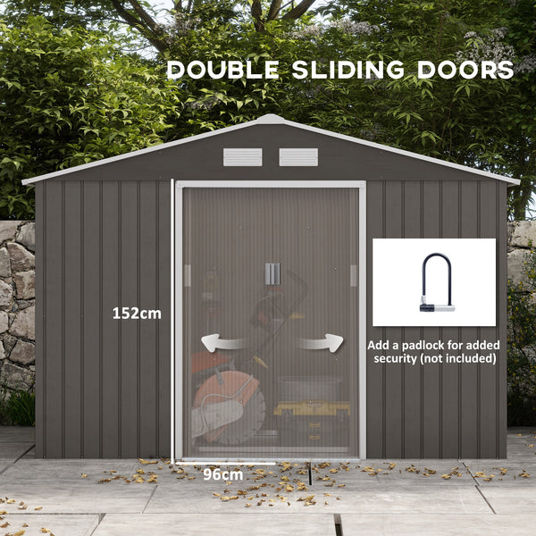 Ventilated galvanized steel garden shed with double door and foundation kit, grey