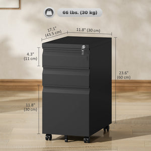 3 Drawer Filing Cabinet with Lock, Steel Office Storage Cabinet with Hanging Bar for A4, Legal and Letter Files, Black