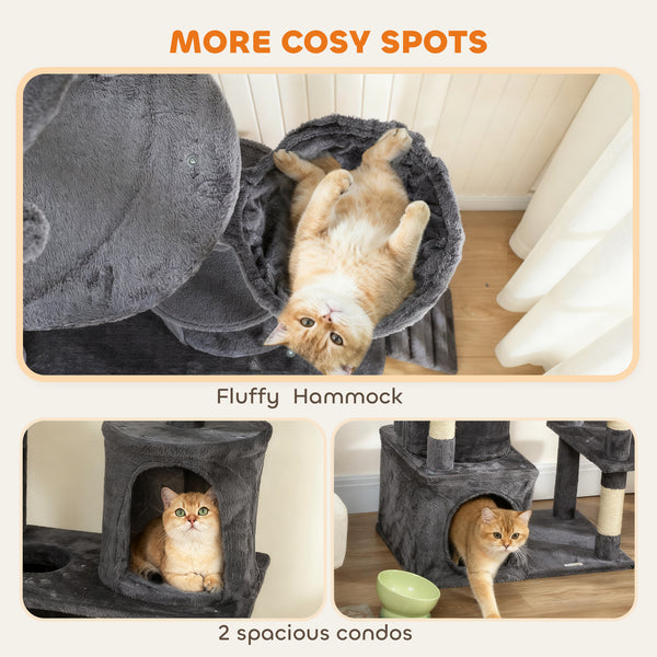 Cat tree with 7 scratching posts, tunnel, 2 hideaways, hammock, perch, ramp, pom-poms, dark grey