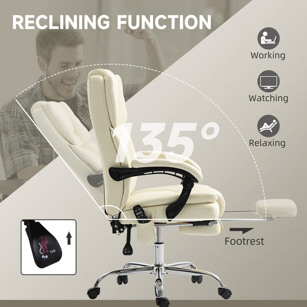 Reclining Massage Office Chair with 6-Point Vibration, Footrest and High Back, White
