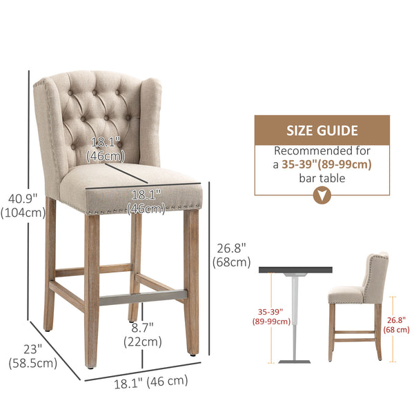 Set of 2 padded bar stools with studded backrest and footrest, beige