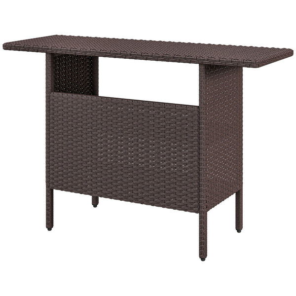 Outdoor rattan bar table with 2 storage shelves, brown
