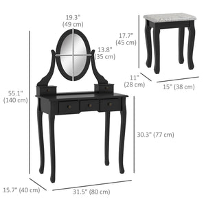 Dressing table with stool and 360° rotating oval mirror, black