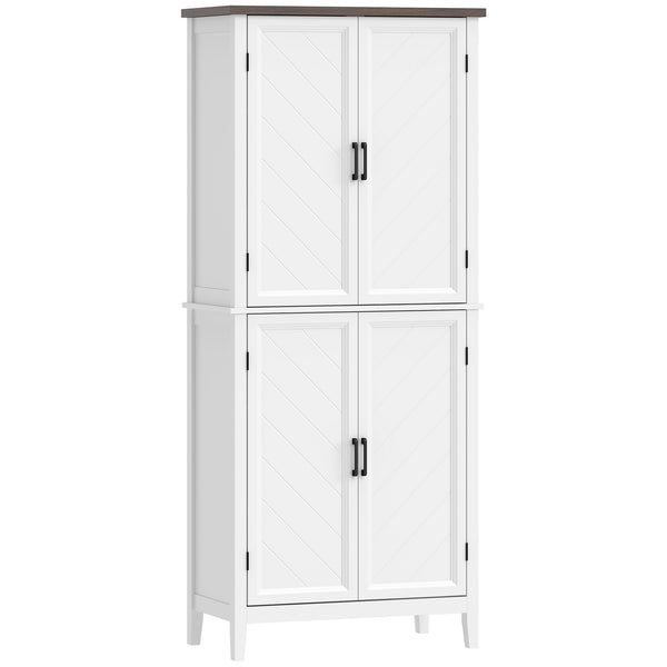 Modern farmhouse kitchen storage cabinet with 4 chevron doors and 4 adjustable shelves, white.