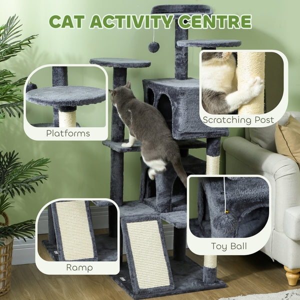 54-inch Multi-Level Cat Tree with Scratching Posts, Condos, Bed, Dark Gray