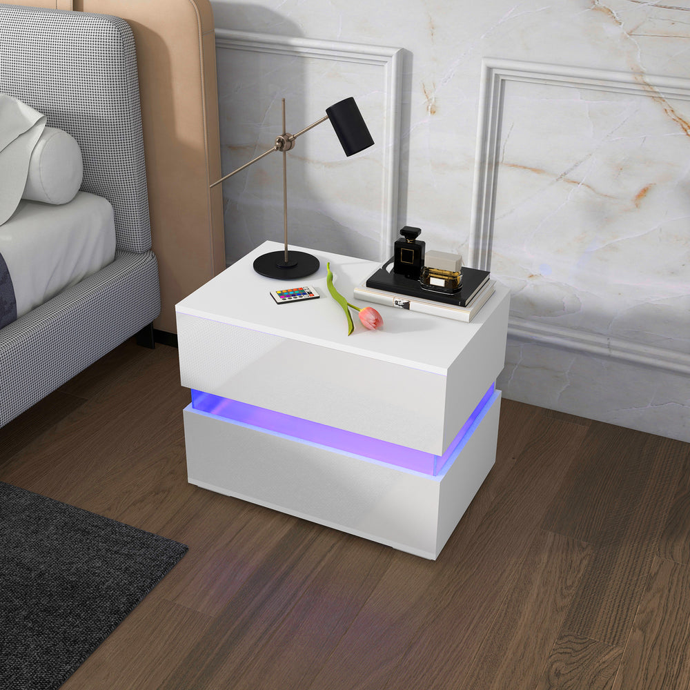 Modern bedside table with 2 drawers and RGB LED lighting, white