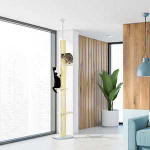 221-259cm Cat Tree with Scratching Posts, Perches and Play Ball, Yellow