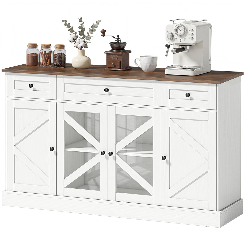 Buffet Sideboard, 54" Farmhouse Kitchen Storage Cabinet with Acrylic Barn Doors and 3 Drawers, White Wood Grain
