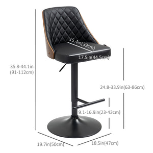 Set of 2 Modern Faux Leather Bar Stools, Swivel and Adjustable, Black