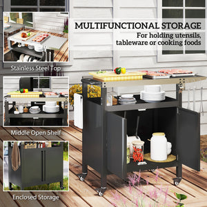 Outdoor Grill Cart Table with Foldable Side Table, BBQ Grill Stand with Stainless Steel Top & Hooks, 45.7"x19.7", Black