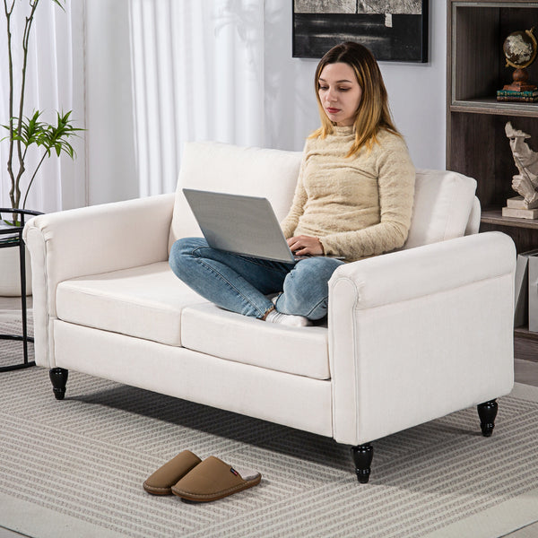 Vintage 2-seater upholstered sofa with rubberwood legs, cream white