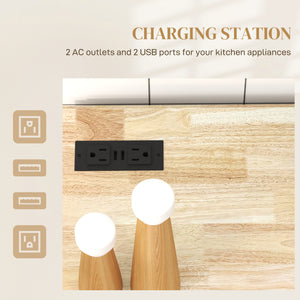 Kitchen island with power outlet and drop leaf, 2 drawers and adjustable shelves, black