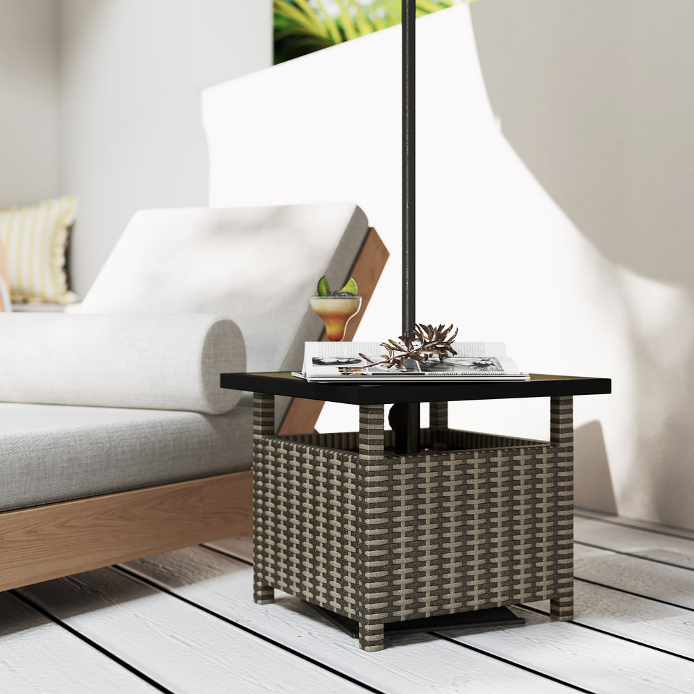 Square synthetic rattan table with parasol hole, can be used as an umbrella stand, mixed grey