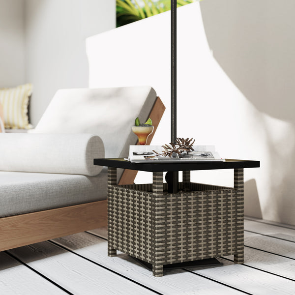 Square synthetic rattan table with parasol hole, can be used as an umbrella stand, mixed grey